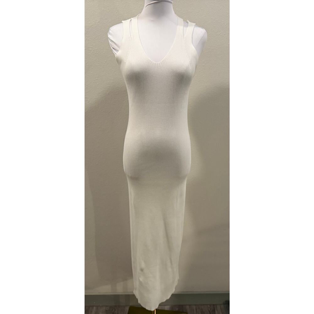 White Ivory Ribbed Knit Longline Cardigan & Midi Dress Set Minimal Chic Small - Picture 7 of 10
